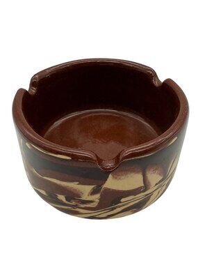 Vtg Clays in Calico Pottery Ashtray Cardwell Montana Marbled Brown Cream Signed